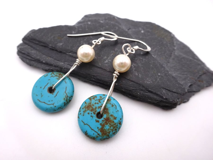 turquoise discs and pearl earrings