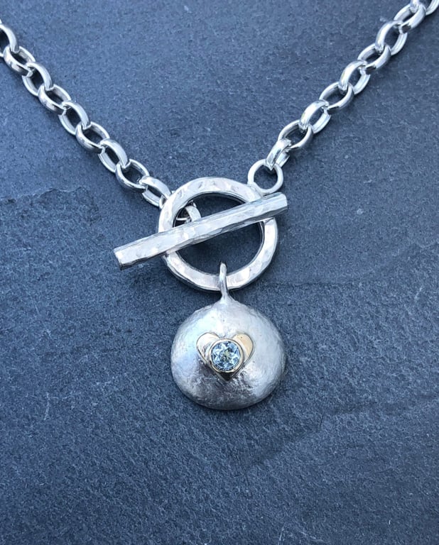 Aquamarine Necklace, silver fob necklace, gold heart necklace, silver toggle , 