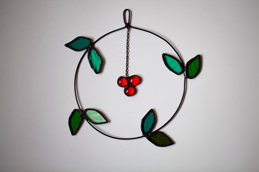 Vine Leaf Round Stained Glass Sun catcher with orange or yellow accent