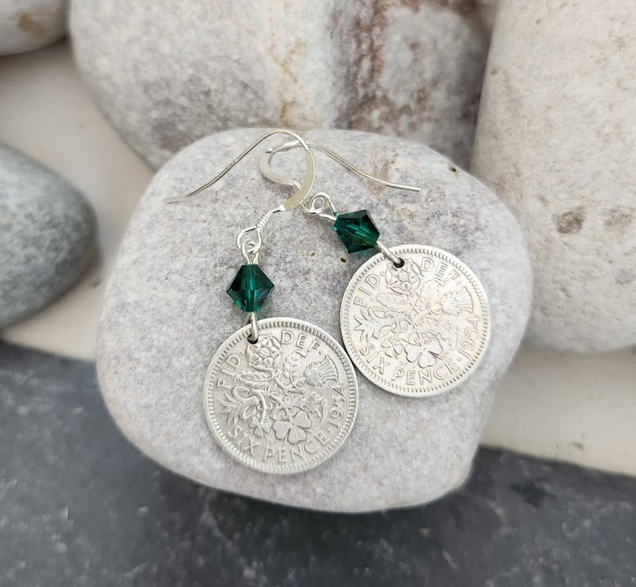 Sixpence coin earrings with emerald green crystal