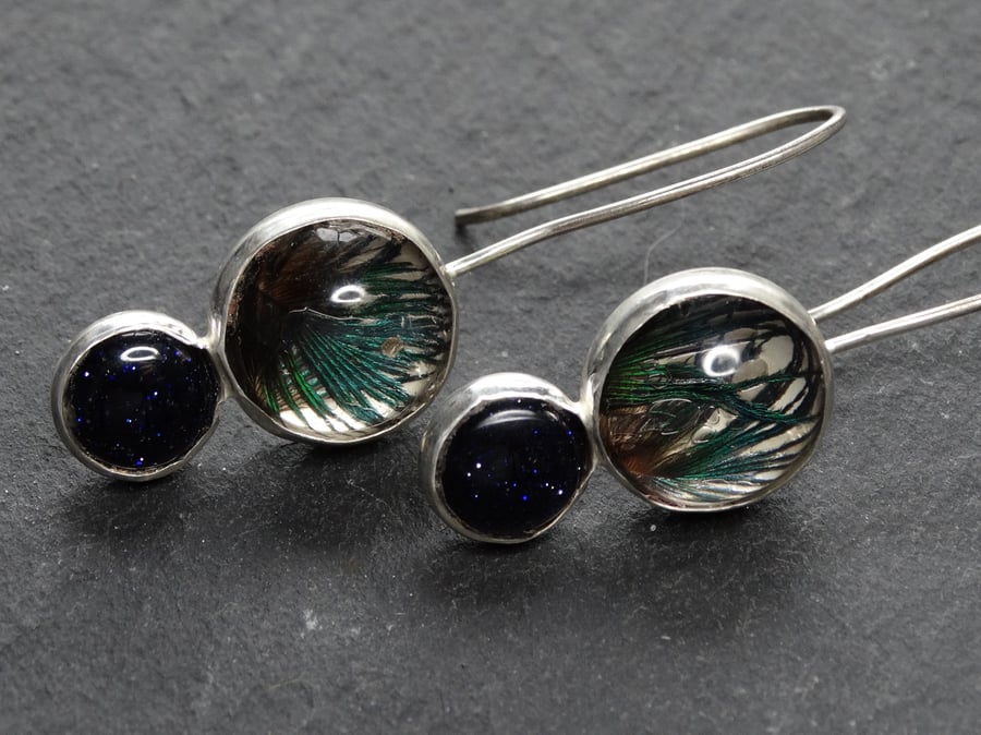 Peacock feather, sterling silver, cabochon earrings. Drop silver.