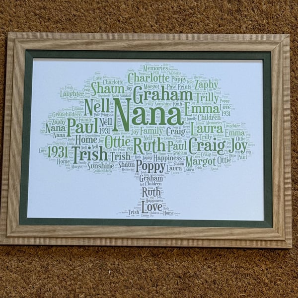 Family Tree Typography Print - Personalised with your names and words, Framed A4