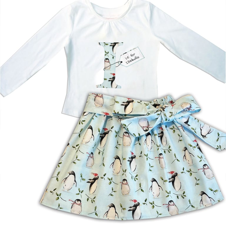 Girl's Penguin Personalised Skirt and T-shirt Outfit, Girls Christmas Clothes