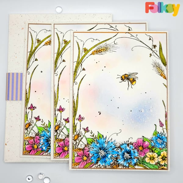 Blank Greeting Cards -  set of 3, note card, wildflowers, bee