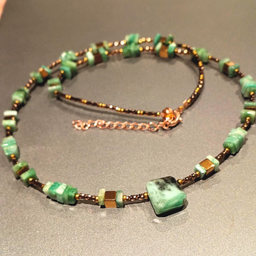 Natural Emerald Gemstone Cube Necklace With Bronze Beads 20 - 22 Inch