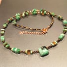 Natural Emerald Gemstone Cube Necklace With Bronze Beads 20 - 22 Inch