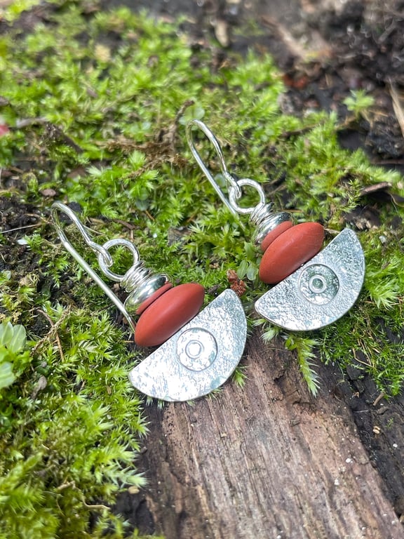 silver and red creek jasper earrings Ulu tribal blade