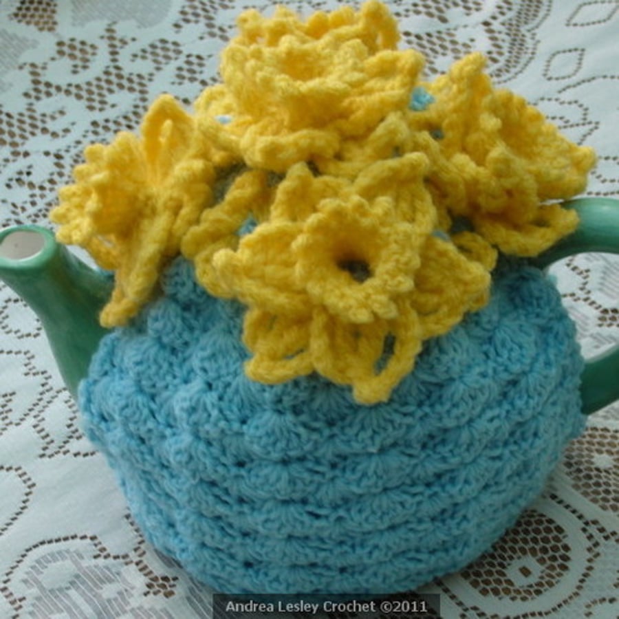 Crochet Tea Cosy/Cosie/Cozy - Blue with Daffodils (Made to order)