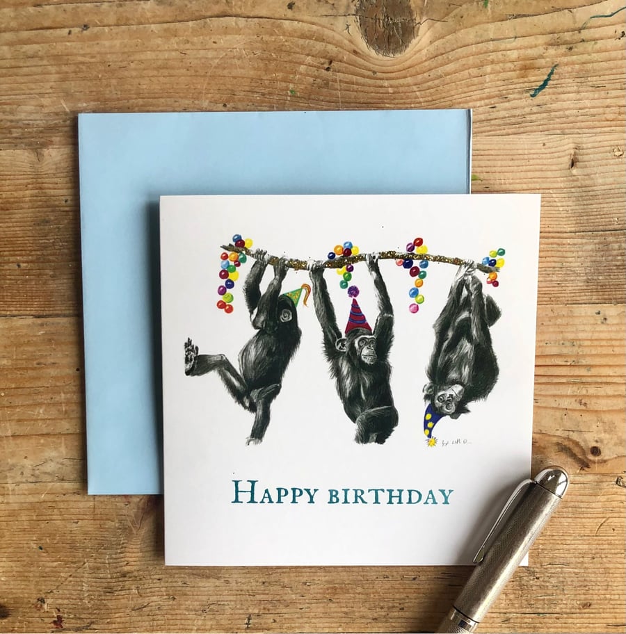 Happy birthday chimps glitter card, chimps, chimp art, chimps birthday card