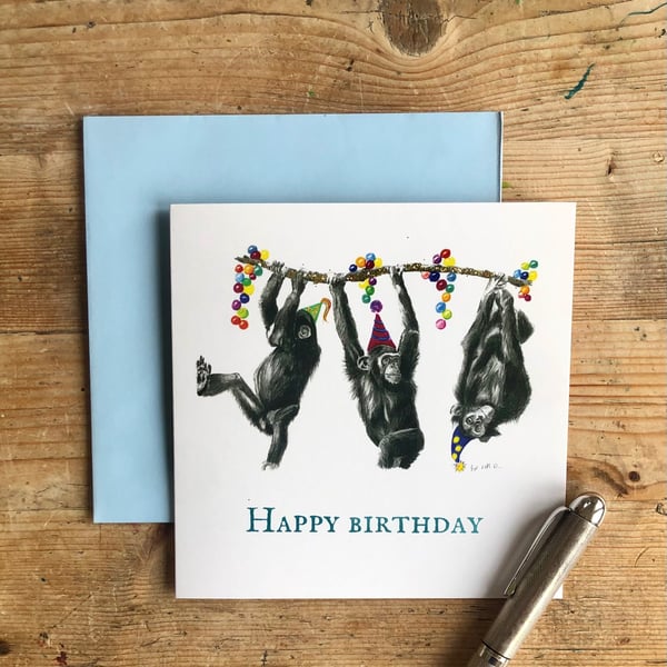 Happy birthday chimps glitter card, chimps, chi... Folksy