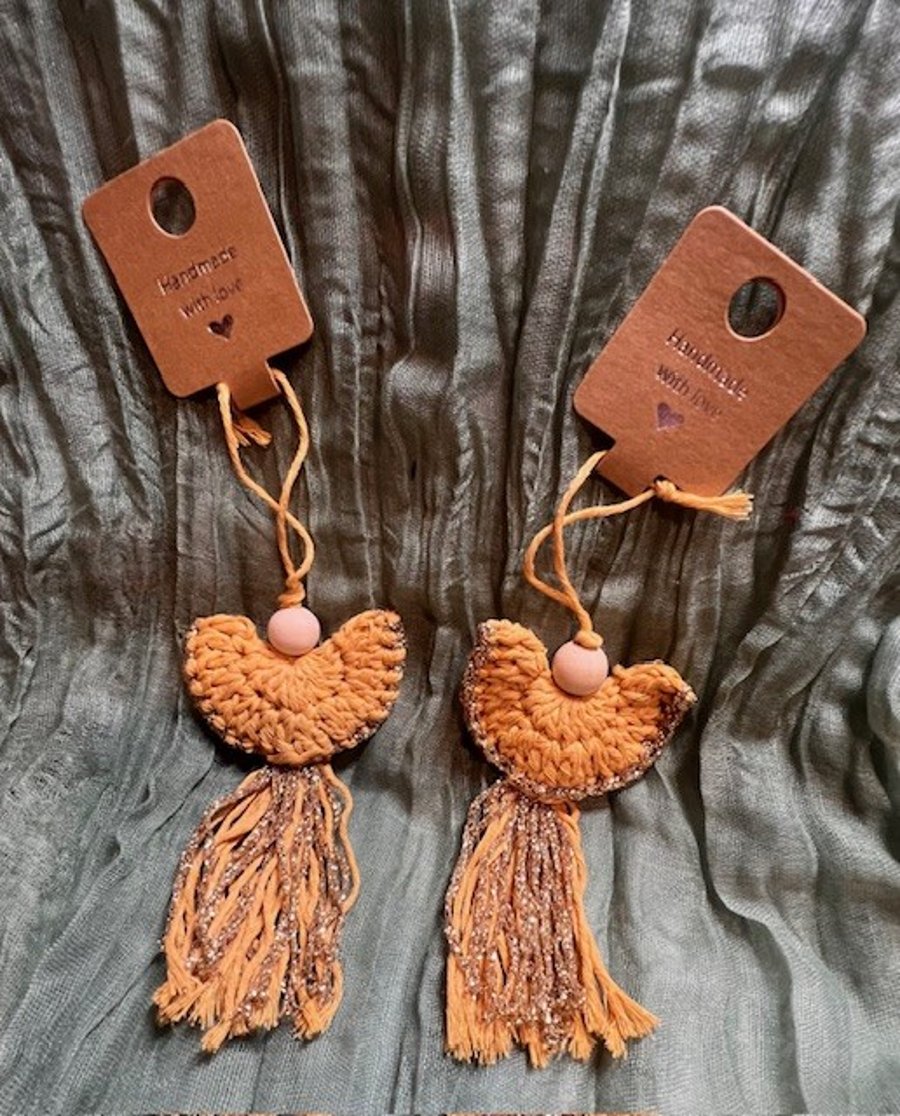 Set of Two Upcycled Boho Crochet Angels – Gold Yellow & Gold with Wooden B