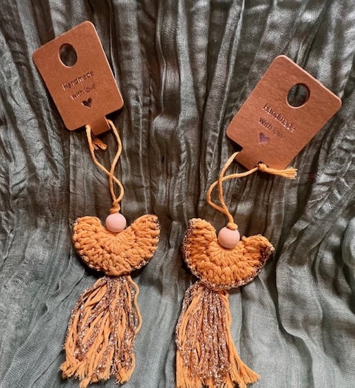 Set of Two Upcycled Boho Crochet Angels – Gold Yellow & Gold with Wooden B