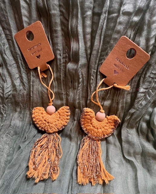 Set of Two Upcycled Boho Crochet Angels – Gold Yellow & Gold with Wooden B