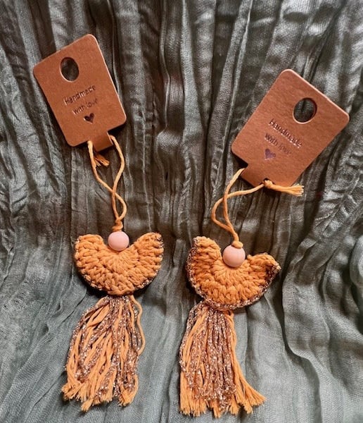 Set of Two Upcycled Boho Crochet Angels – Gold Yellow & Gold with Wooden B