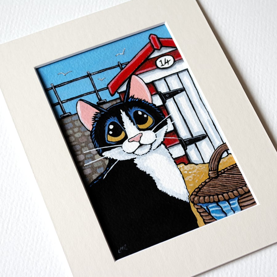 Tuxedo Cat and Beach Hut Small Format Painting (6x4 inch)