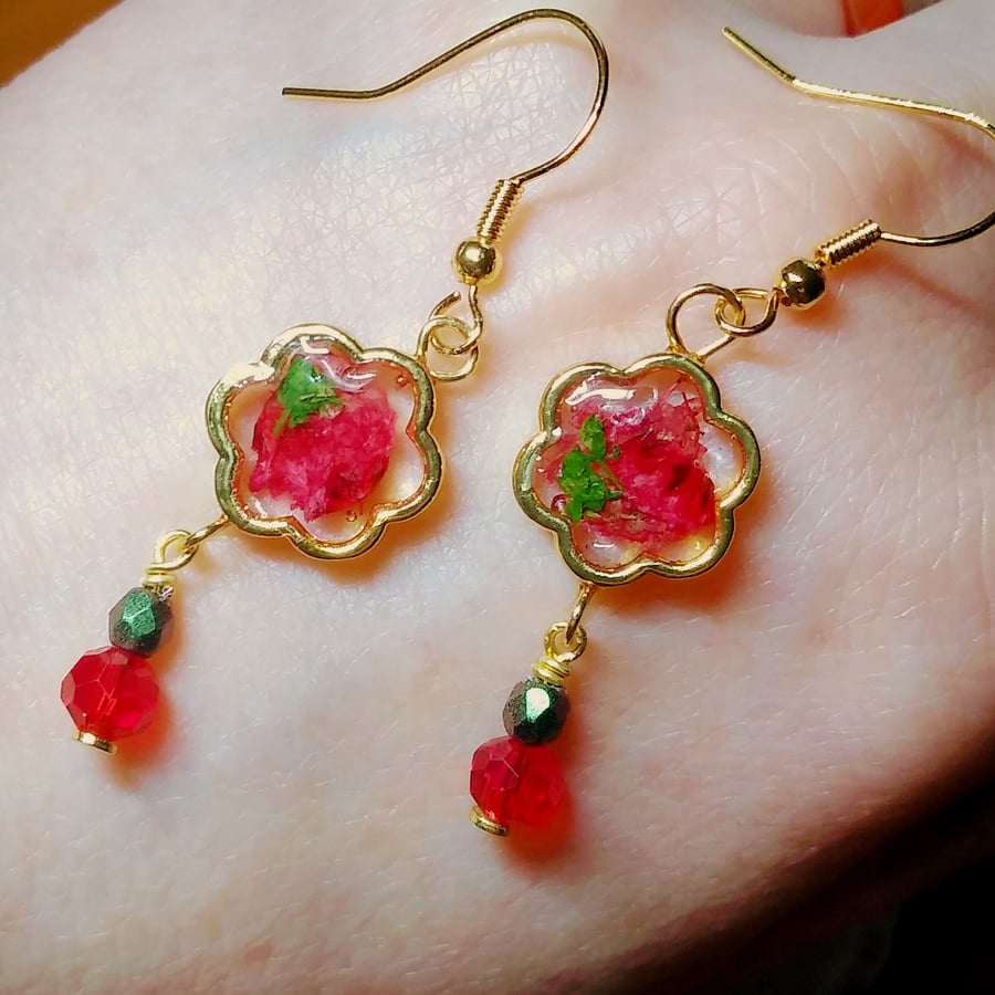 Red Dried Flowers And Crystal Gold Earrings, Real Flower Earrings