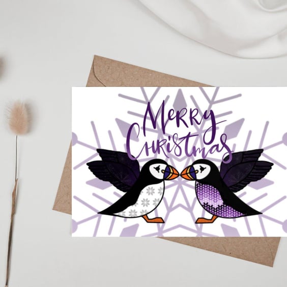 Purple Fair Isle Puffin card, Kissing Puffin Christmas Card, A6