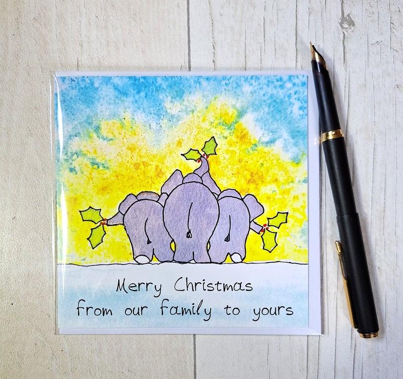 Elephants Christmas card. Elephant lovers card. Printed card. Blank card.