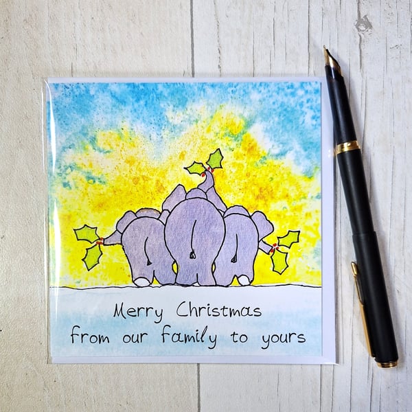 Elephants Christmas card. Elephant lovers card. Printed card. Blank card.