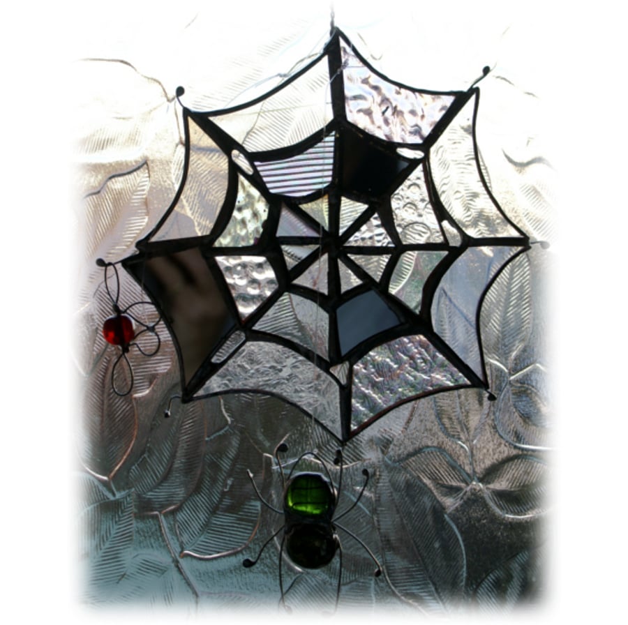  Spider's Web Suncatcher Stained Glass with green Spider and red Fly