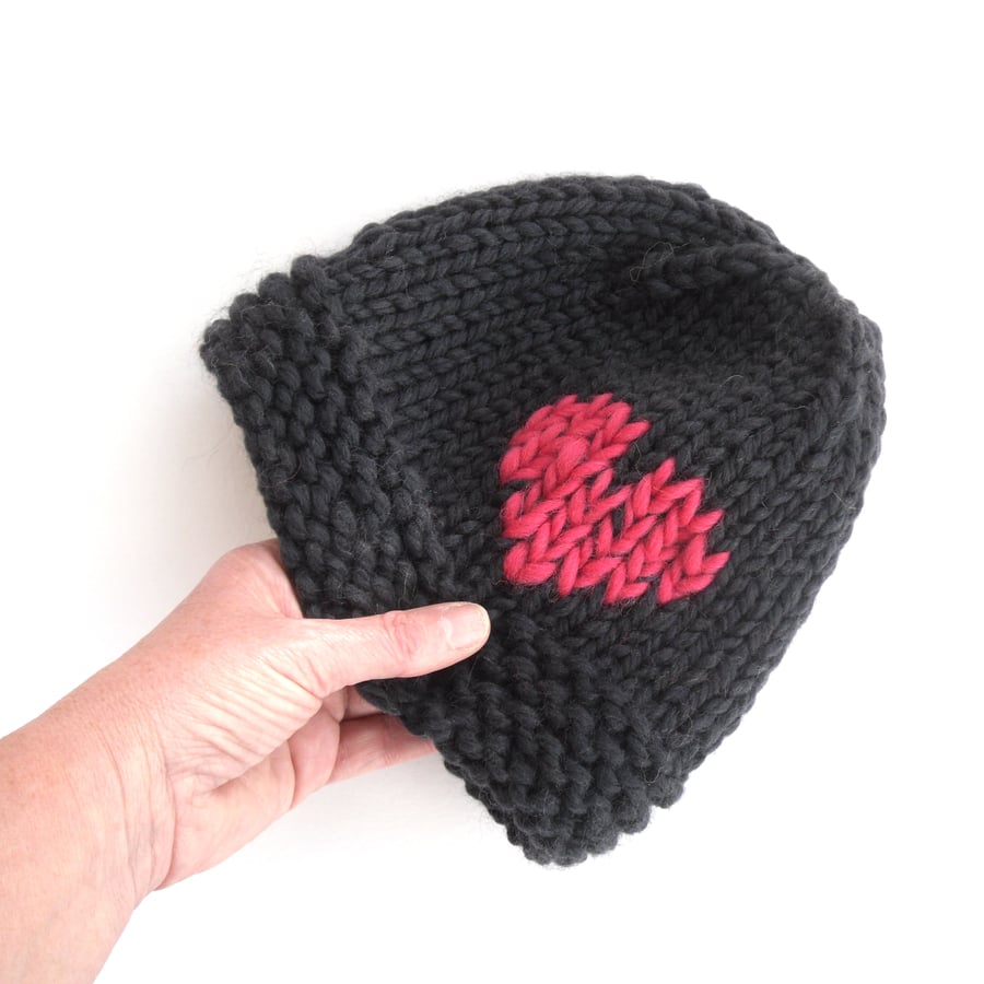 Black hand knit 100% wool hat