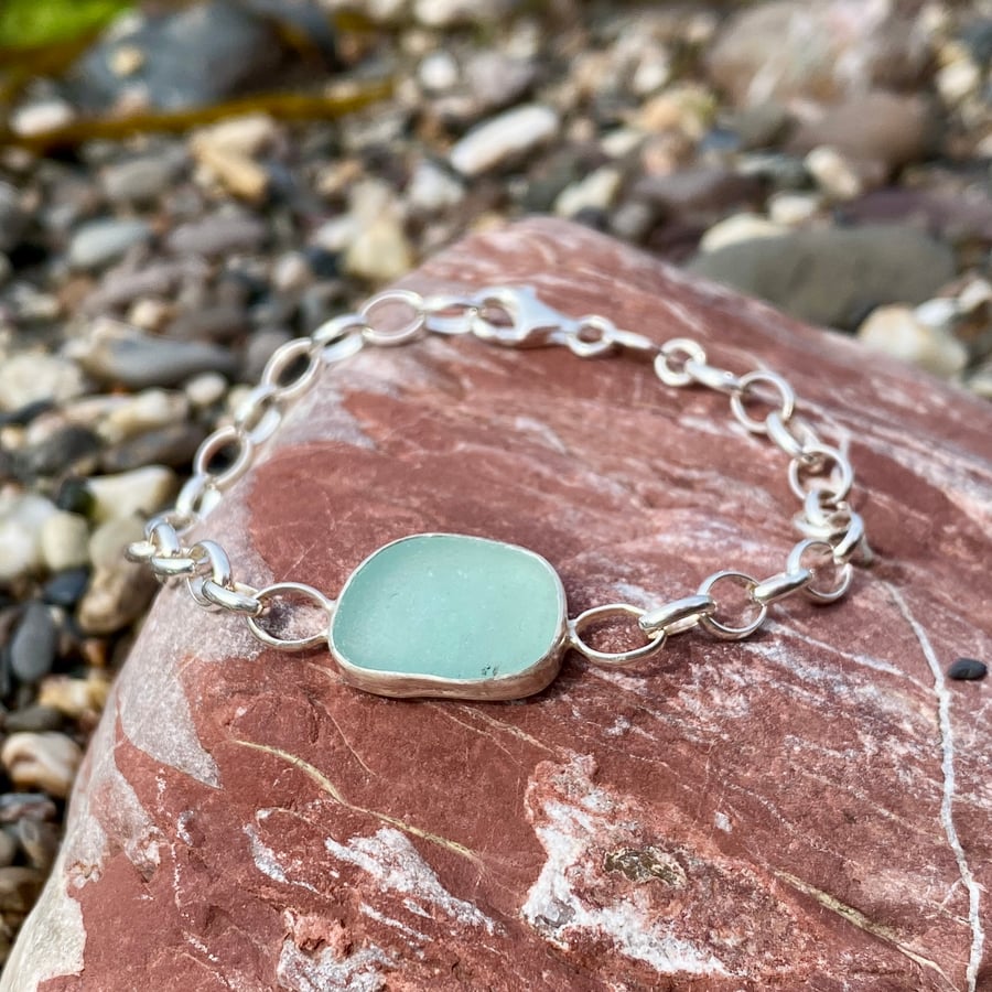 Stunning Light Aqua Blue Sea Glass & Sterling Silver Bracelet - 1321