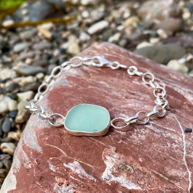 Stunning Light Aqua Blue Sea Glass & Sterling Silver Bracelet - 1321