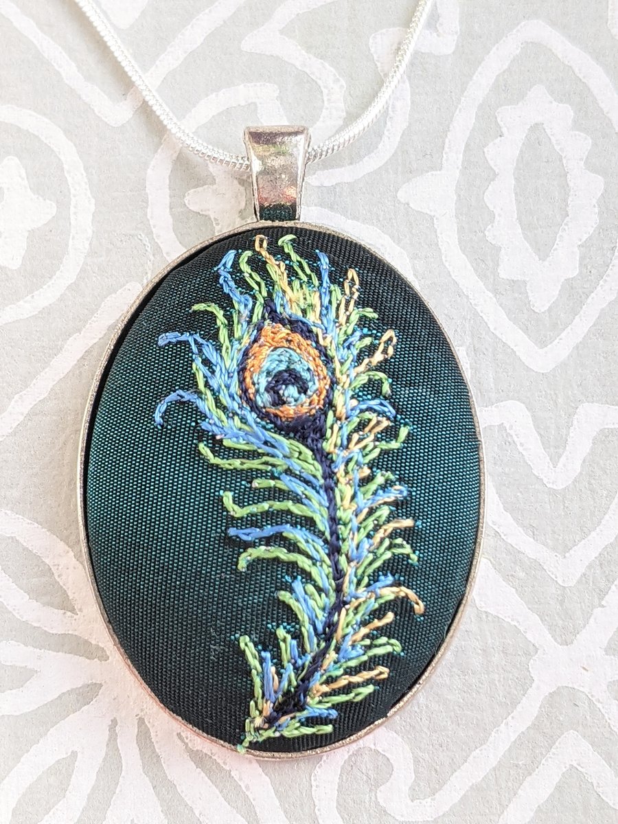 Peacock feather embroidered necklace pendant