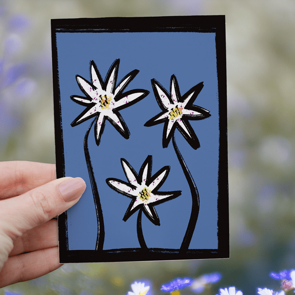 Flowers on blue background blank card