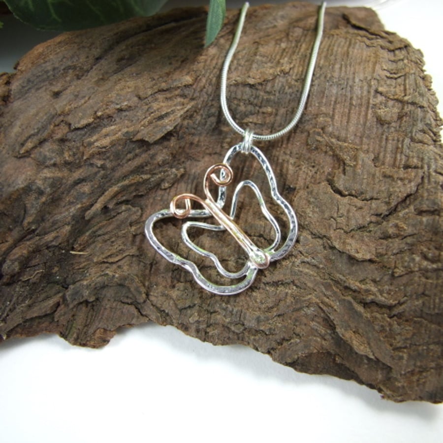Butterfly Pendant, Sterling Silver with Copper Accents Necklace