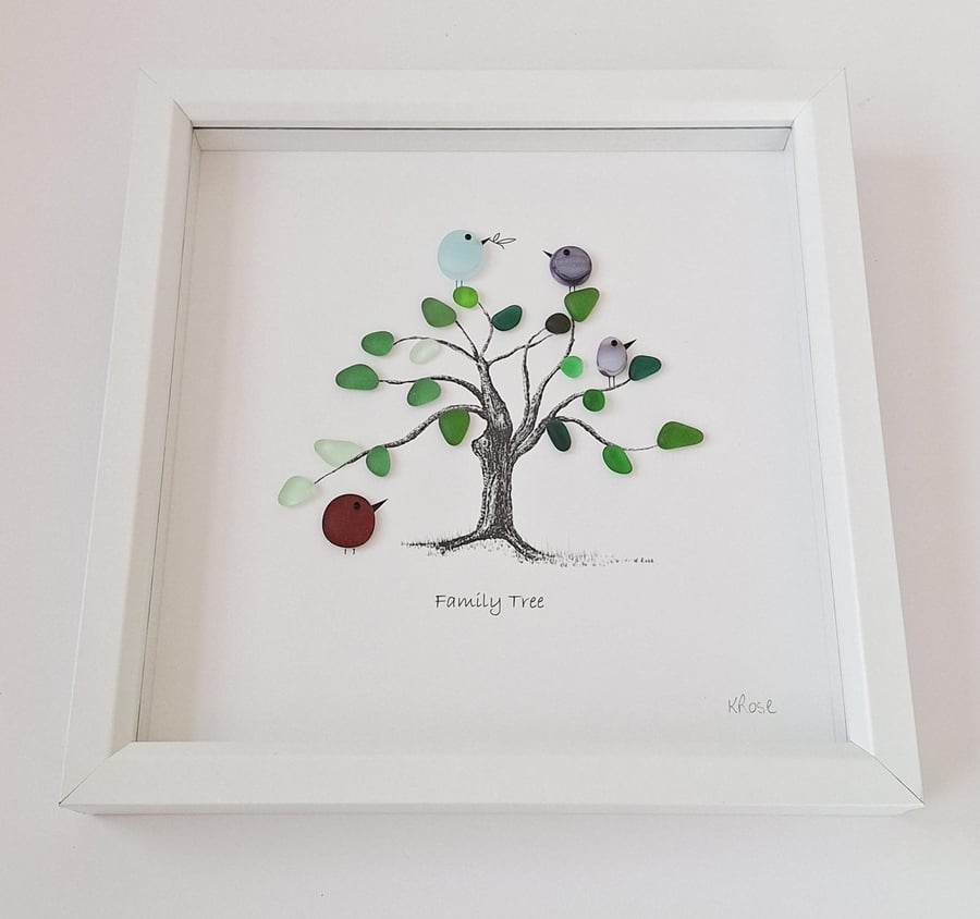 Family Tree Art: Sea Glass Birds, Custom Pet Option