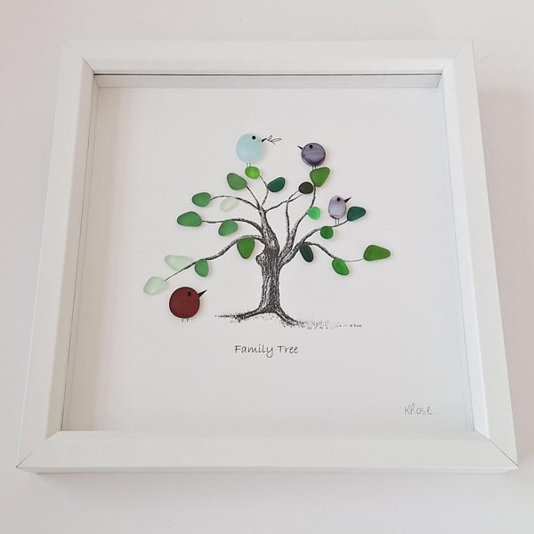 Family Tree Art: Sea Glass Birds, Custom Pet Option