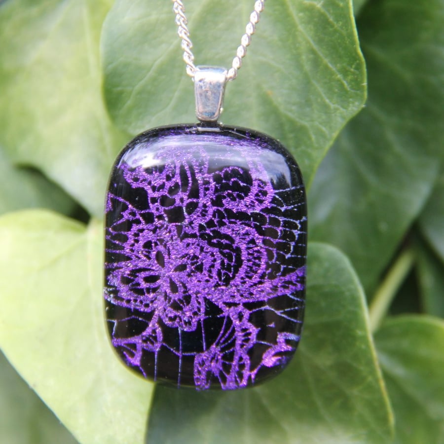 Purple Lace Pattern Dichroic Glass Pendant:  Purple Fused Glass Necklace F21