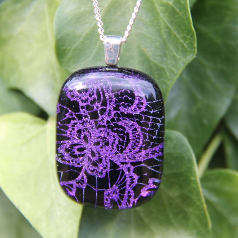 Purple Lace Pattern Dichroic Glass Pendant:  Purple Fused Glass Necklace F21