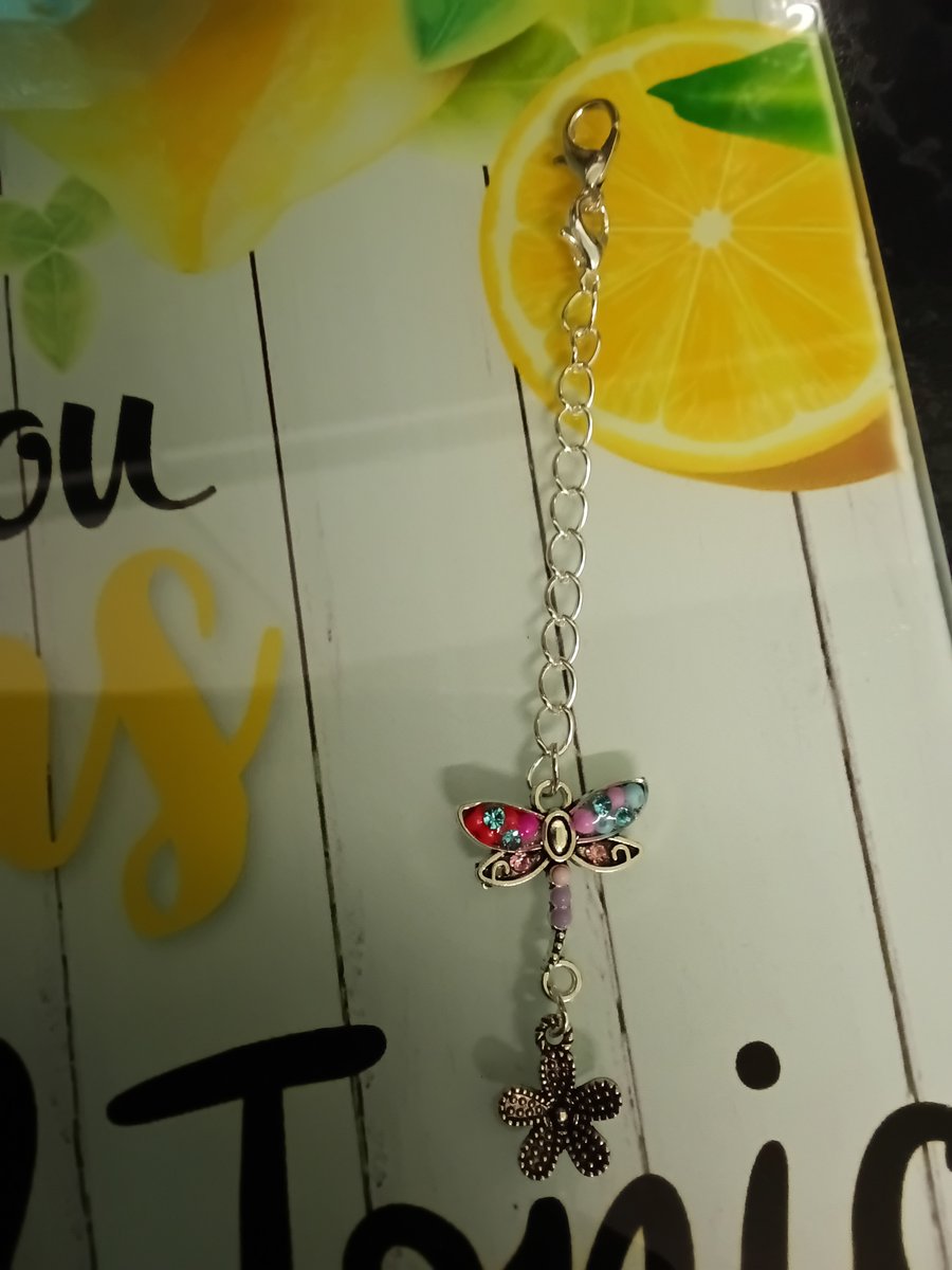 Beautiful pink & blue crystal gems butterfly & flower bag charm, very pretty