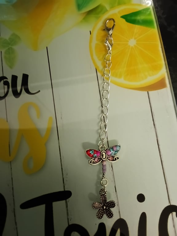 Beautiful pink & blue crystal gems butterfly & flower bag charm, very pretty