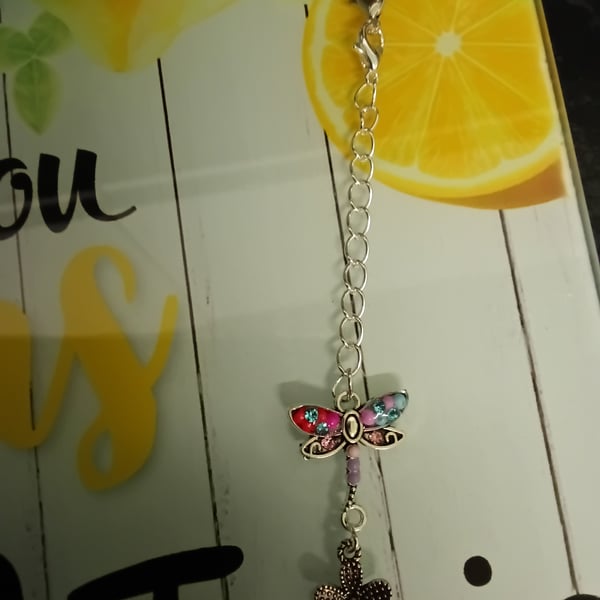 Beautiful pink & blue crystal gems butterfly & flower bag charm, very pretty