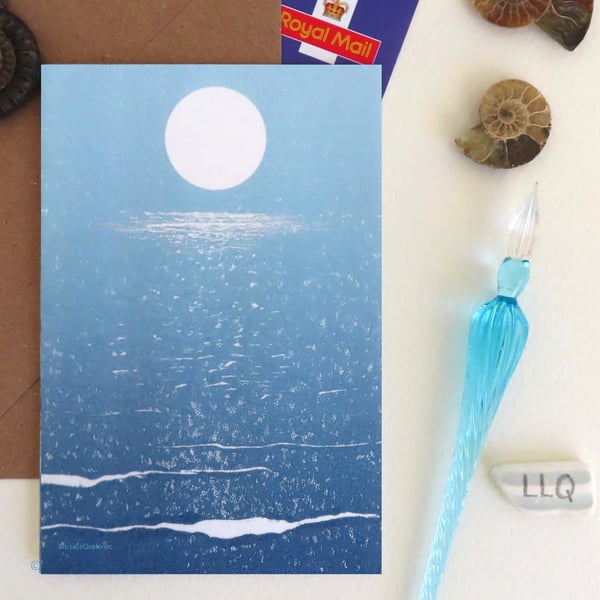 The moon sparkling on the sea blank art card notelet portrait cellophane free