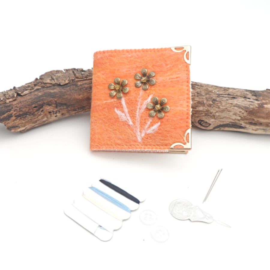 Orange felted mending kit, sewing kit, needle case with accessories