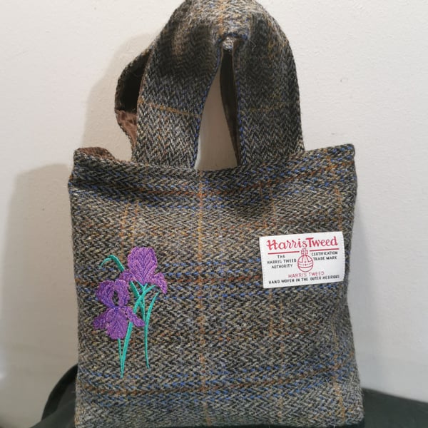 Harris Tweed Bag with embroidered Iris. Handmade on the beautiful Isle of Skye 