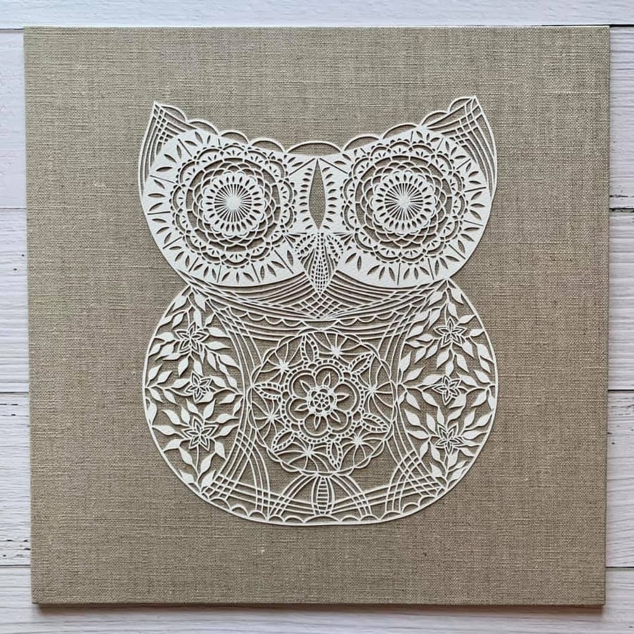 "Lacy Owl" Original Hand Cut Papercut on Linen Canvas - White