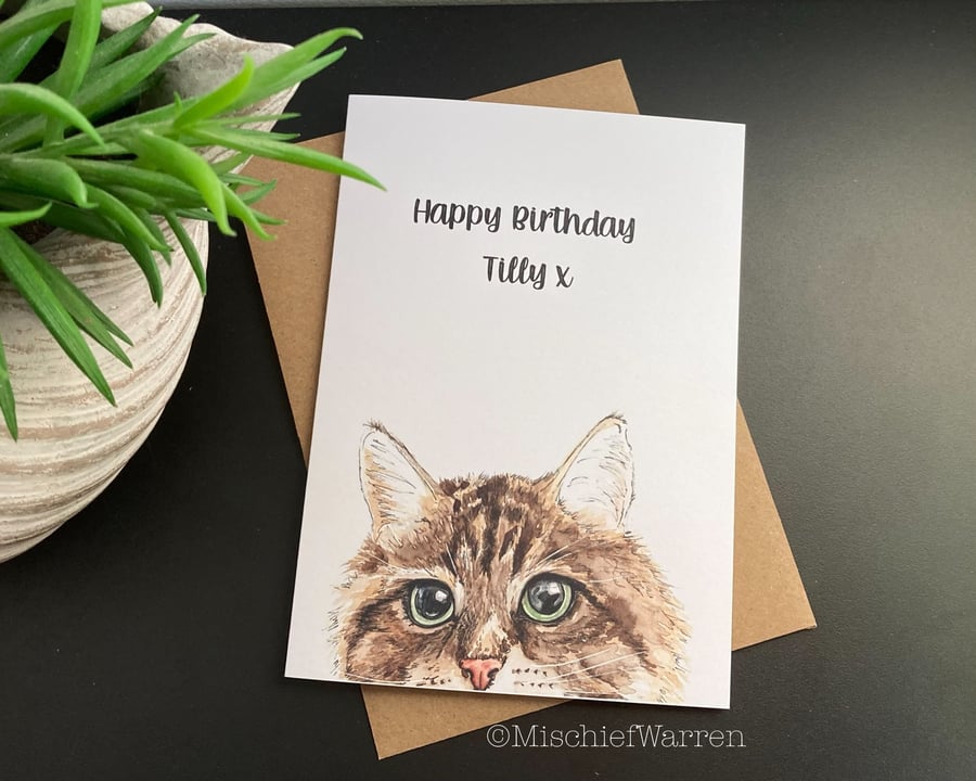 Tabby Cat Art Card. Personalised Brown Tabby Cat Card for any occasion. 