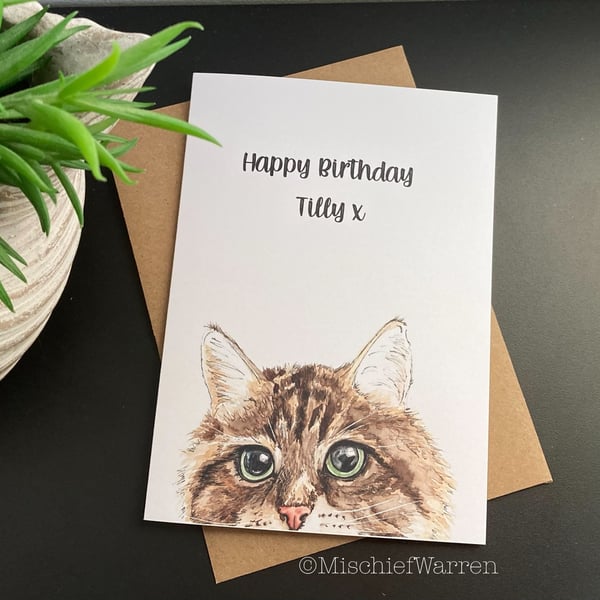 Tabby Cat Art Card. Personalised Brown Tabby Cat Card for any occasion. 