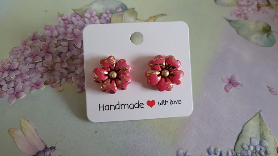 Handmade Polymer Clay Pink and Gold Flower Earrings, 316 Stainless Steel