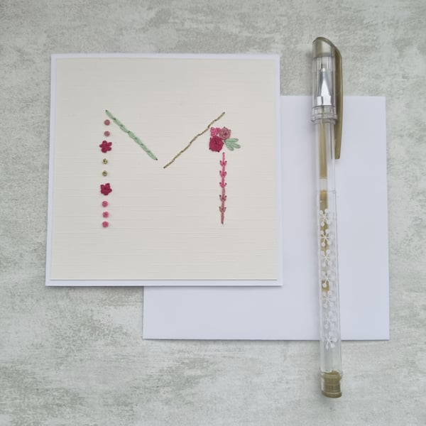 Letter M embroidered card, hand stitched initial card, hand sewn keepsake card