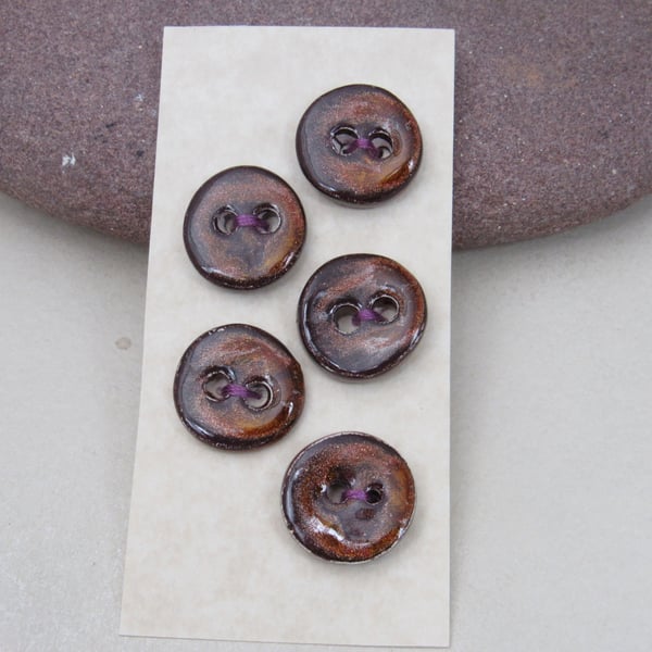 5 Small Round Dark Copper Ceramic Buttons