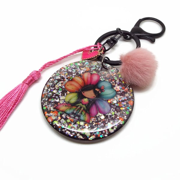 Flower Fairy Bag Charm Keyring in Pink with Glitter and Charms