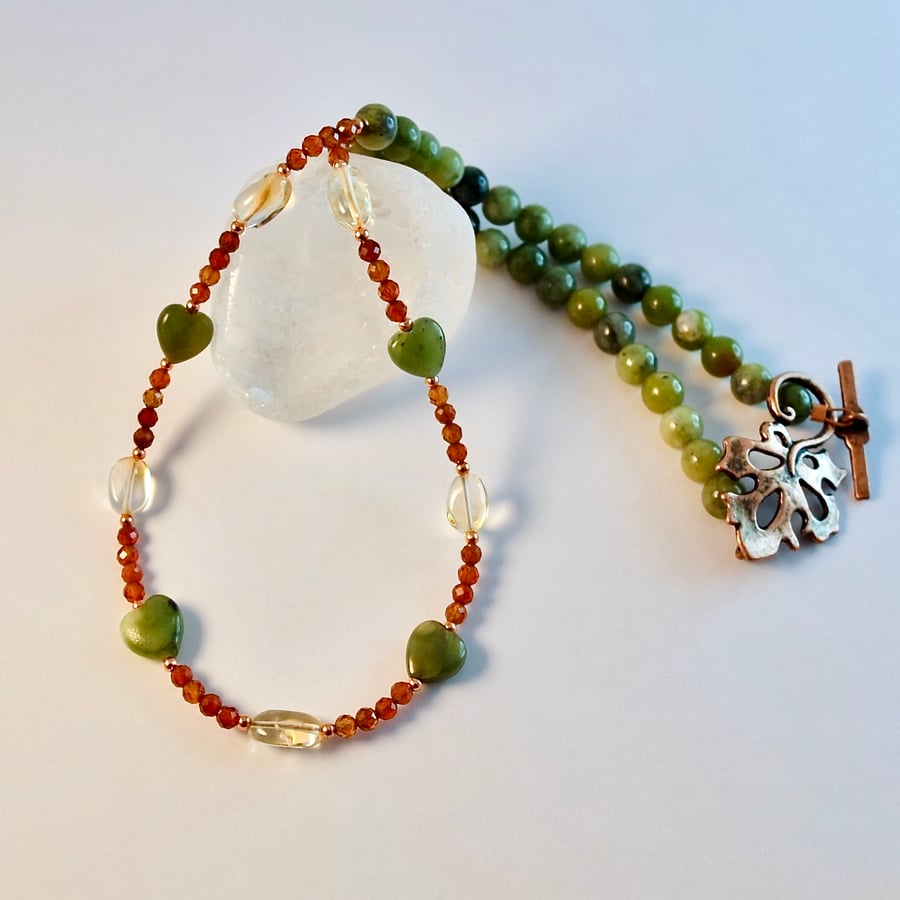 Jade Heart, Citrine & Garnet Necklace - Birthday, Anniversary, Gifts For Her