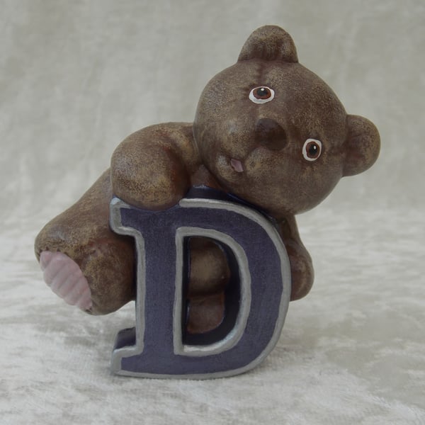 Ceramic Hand Painted Small Brown Alphabet Bear Letter D Figurine Animal Ornament