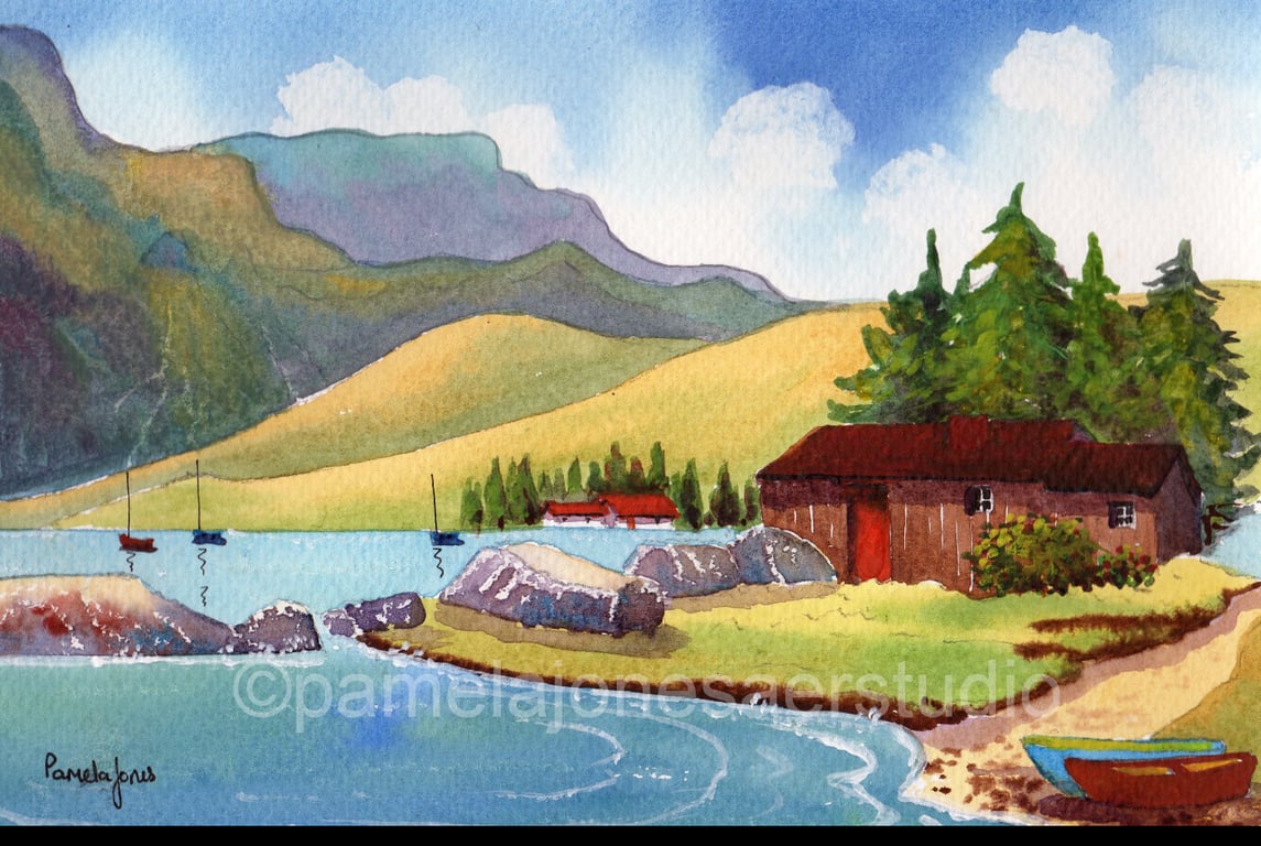 Original Watercolour, Hut. Fjord, Norway, in 14 x 11 '' Mount